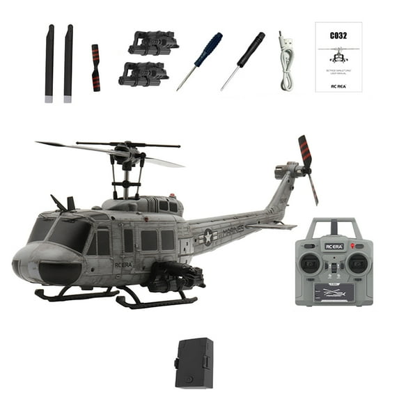 C032 UH-1 Huey RC Helicopter for Adults, 1/48 Scale 2.4G 6CH Flybarless RC Military Aircraft Model with 6-Axis Gyroscope, 3D Inverted Flight, Optical Flow Positioning - 1 Battery