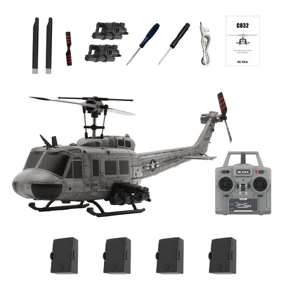 C032 UH-1 Huey RC Helicopter for Adults, 1/48 Scale 2.4G 6CH Flybarless RC Military Aircraft Model with 6-Axis Gyroscope, 3D Inverted Flight, Optical Flow Positioning - 4 Battery