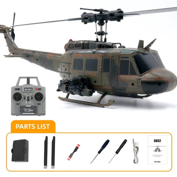 C032 UH-1 Huey RC Helicopter for Adults, 1/48 Scale 2.4G 6CH Flybarless RC Military Aircraft Model with 6-Axis Gyroscope, 3D Inverted Flight, Optical Flow Positioning - 1 Battery