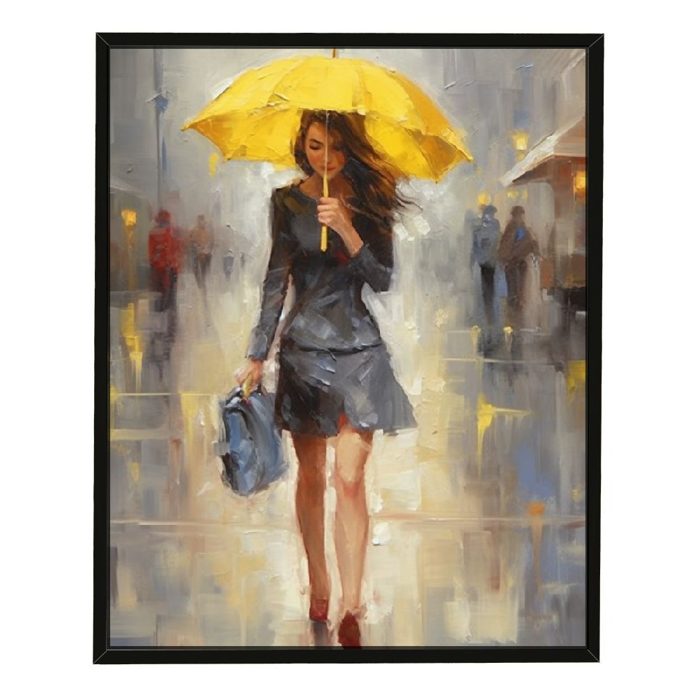 C04GENYS Abstract Canvas Print A Rainy Walk Painting Girl with Yellow