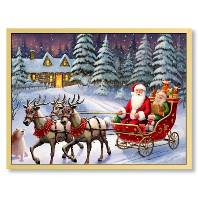 C04GENYS Christmas Canvas Wall Art, Santa Claus Reindeer with Sleigh