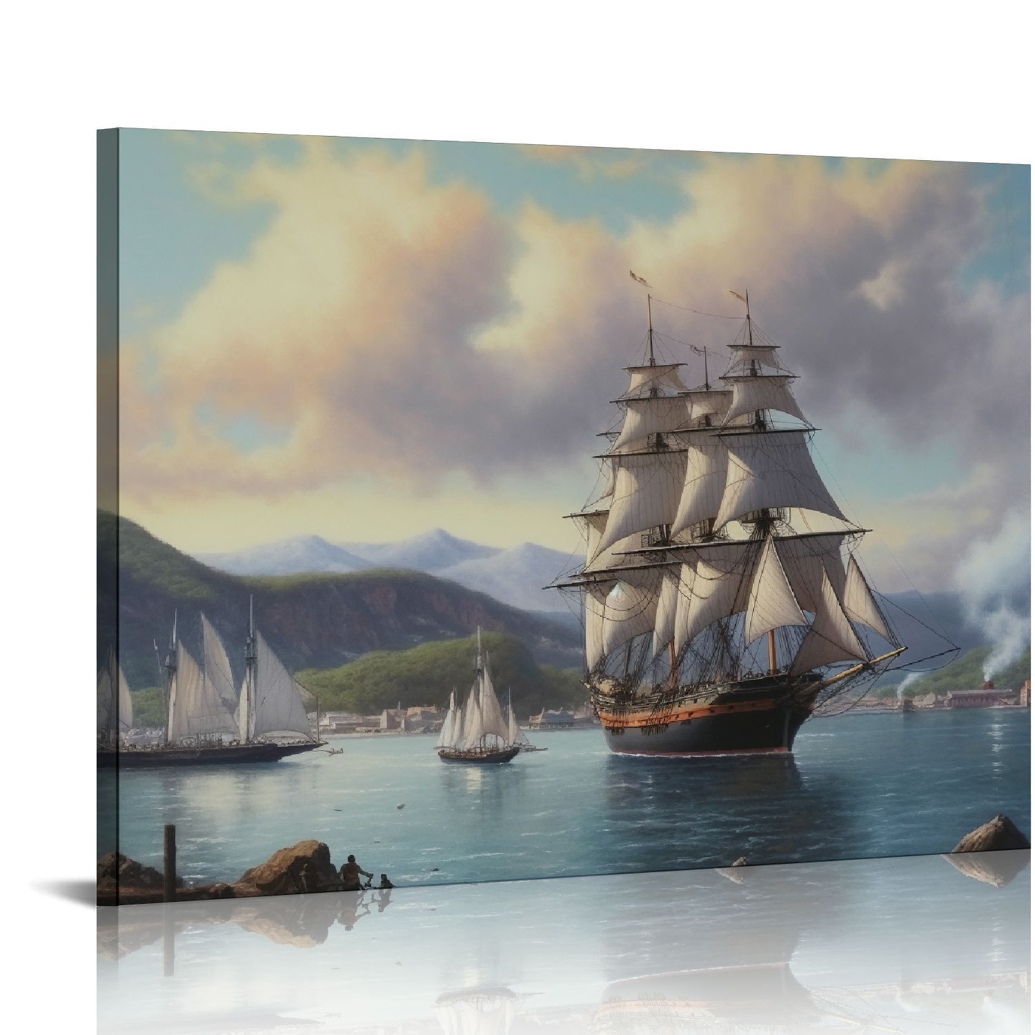 C04GENYS Ocean Theme Canvas Wall Art,Sailing Boat with the Pier Coastl