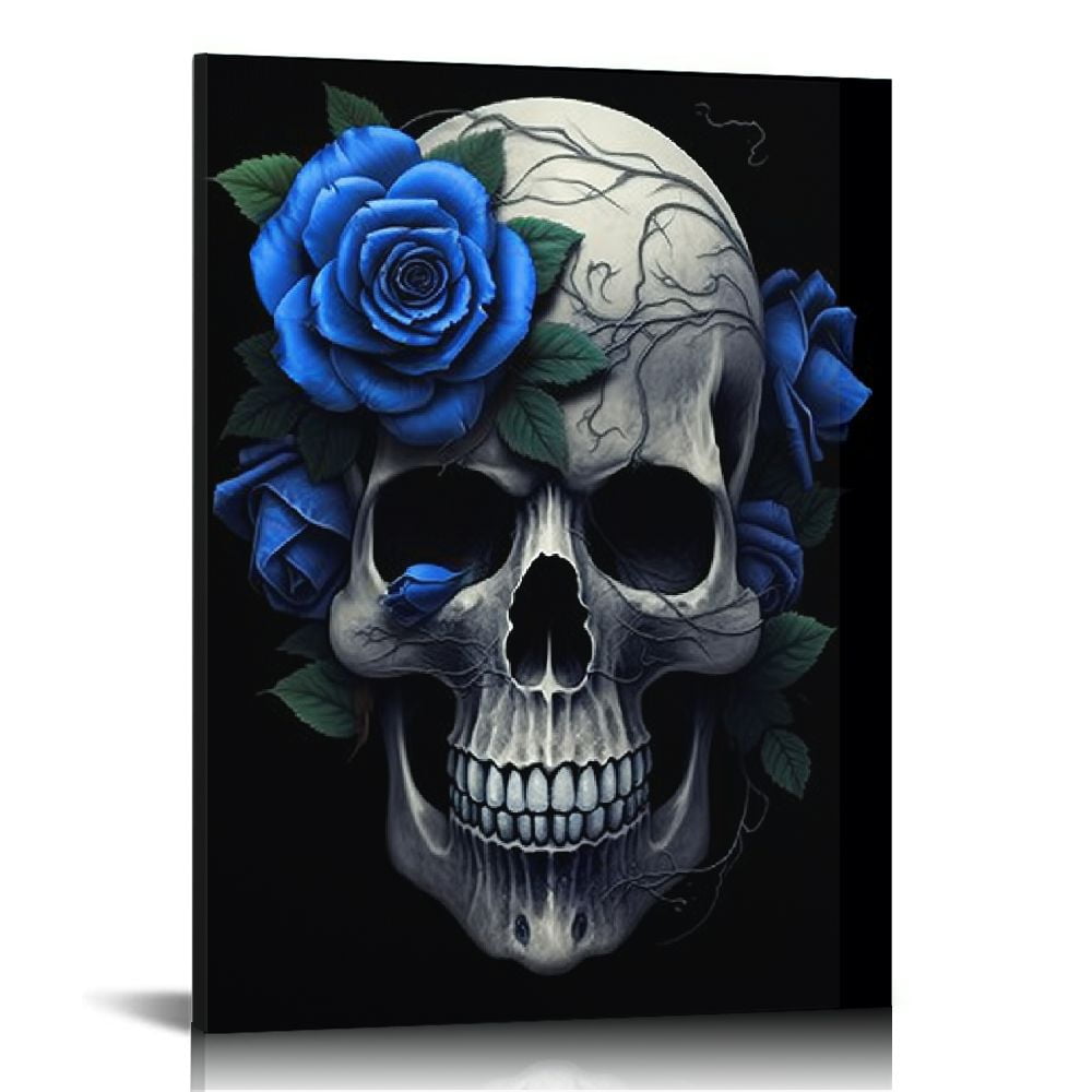 C04GENYS Skull canvas wall art black background skull with blue rose flower wall decor for