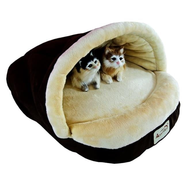 Mocha & Beige Faux Suede and Velvet Cat Bed with Waterproof Base