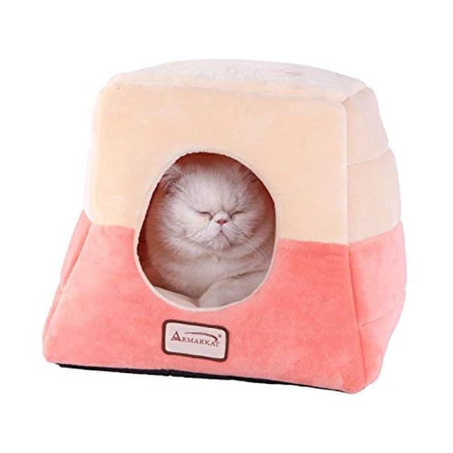 Small Orange and Beige Velvet Cat Bed with Fiberfill