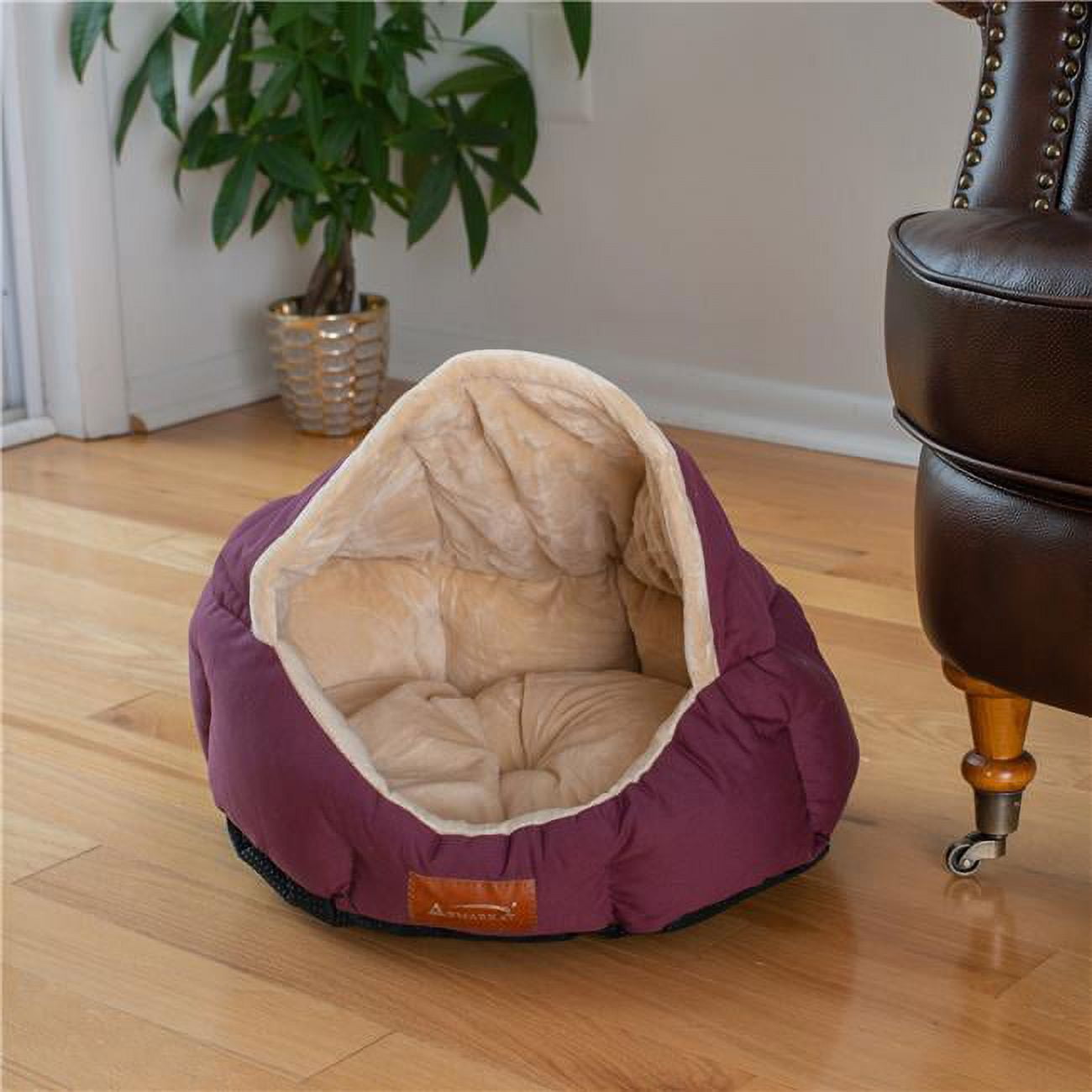 Burgundy & Beige Canvas and Velvet Cat Bed with Waterproof Base