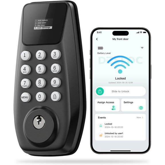 C100 Plus Built-in WiFi Lock, Keyless Entry Door Lock with Display, Keypad Deadbolt for Front Door, App Remote Control, Anti-Peeping Password, BHMA Grade 3, Black