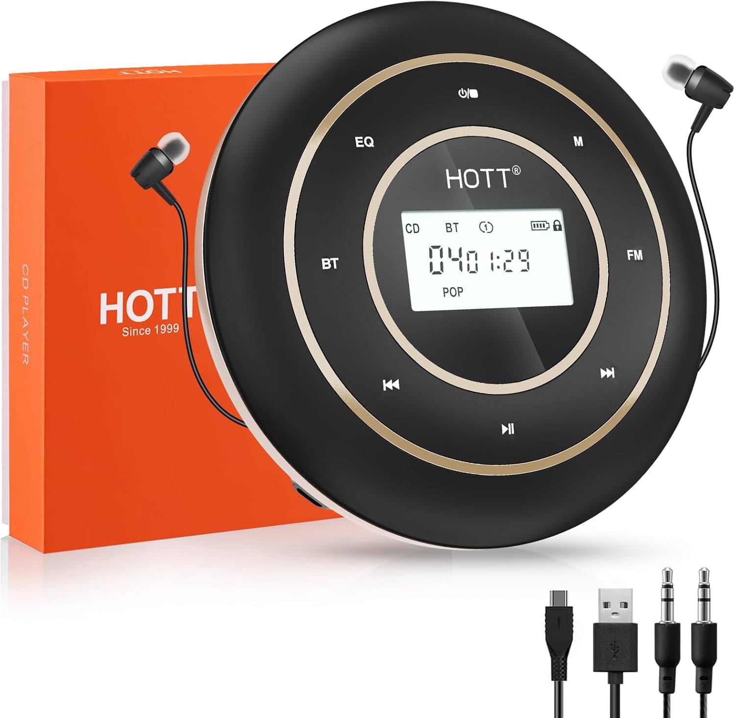 C105 Portable CD Player FM Transmitter Rechargeable Compact CD Player with Touch Buttons Backlit Display Black