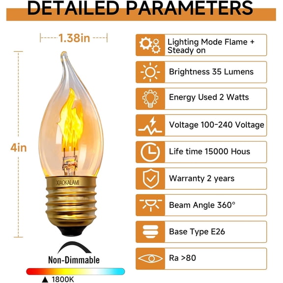 C11/C35 LED Flame Effect Bulb, E26 Base, Orange 2-Mode (Flame/Steady On) Crystal Clear Glass, Non-Dimmable, 2-Pack