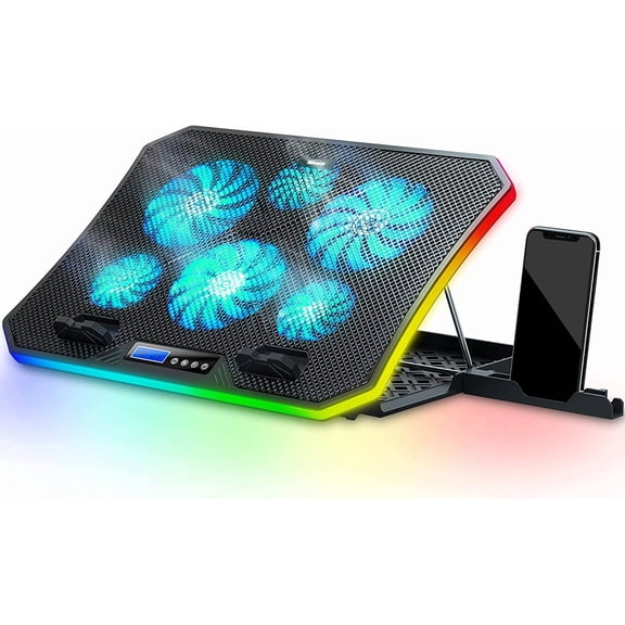 C12 Laptop Cooling Pad RGB Gaming Notebook Cooler for Desk and Lap Use, Fan Stand 8 Adjustable Heights with 6 Quiet Fans Phone Holder, 15.6-17.3 Inch Laptops-Ice Blue LED Light