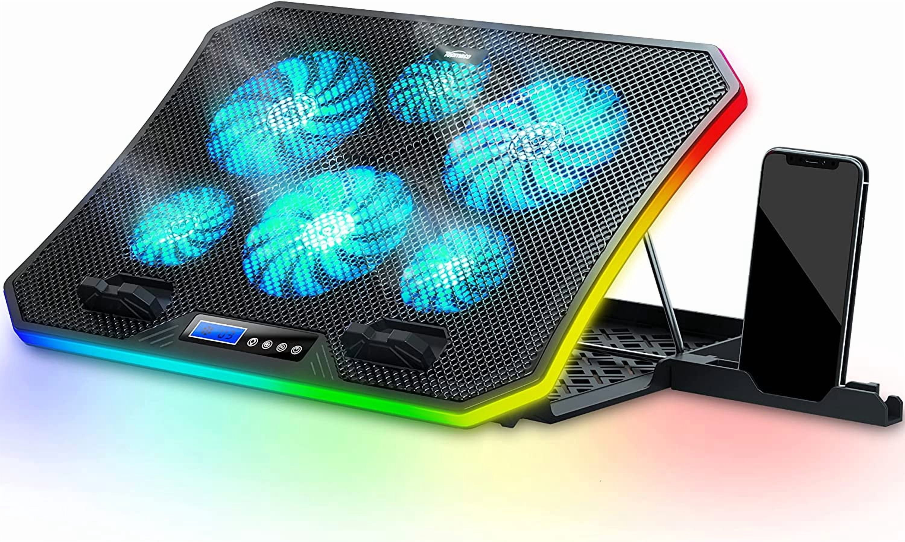 C12 Laptop Cooling Pad RGB Gaming Notebook Cooler for Desk and Lap Use, Fan Stand 8 Adjustable Heights with 6 Quiet Fans Phone Holder, 15.6-17.3 Inch Laptops-Ice Blue LED Light