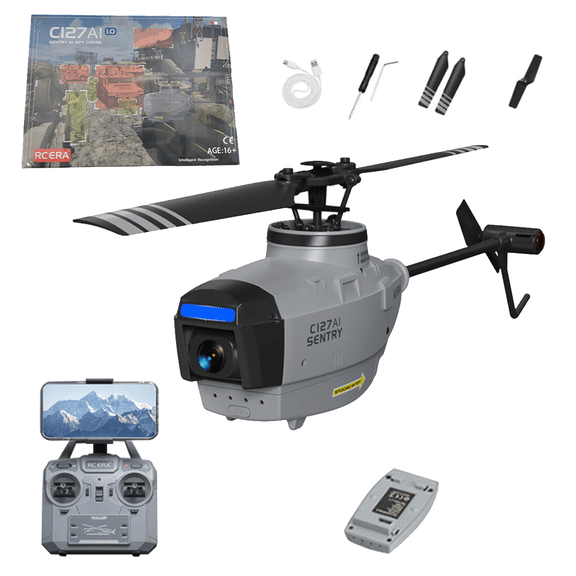 C127AI One Key Take Off/Landing Scout Drone with 1080P Camera & 5G Real-Time Transmission, 2.4G 4CH Single-Rotor AI Target Tracking RC Helicopter with Altitude Hold & Optical Flow Positioning - RTF
