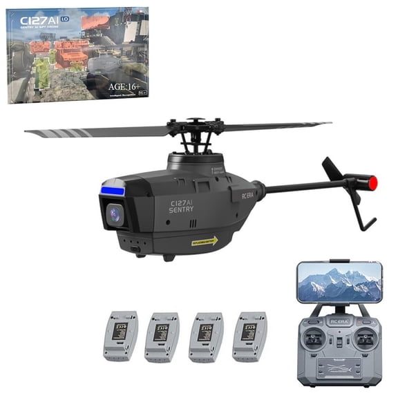 C127AI RC Helicopter with 1080P HD Camera - 2.4G 4CH Remote Control Drone with 6-Axis Gyro, One Key Takeoff/Landing, Optical Flow Positioning for Indoor/Outdoor Use - 3 Batteries Included