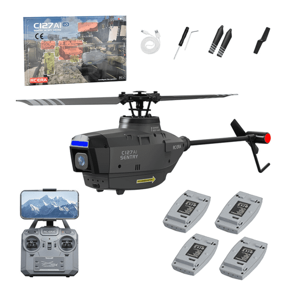 C127AI Reconnaissance Drone (with 1080P Camera) - 2.4G 4-Channel Single-Rotor Brushless Helicopter, AI Recognition & Tracking, 5G Real-Time Transmission, Optical Flow Positioning Technology,4 battery