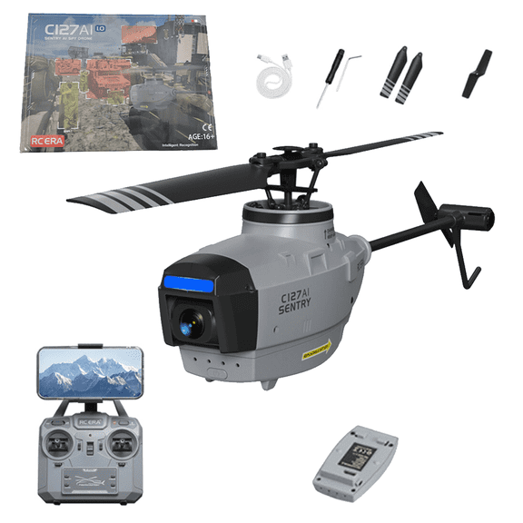 C127AI Reconnaissance Drone (with 1080P Camera) - 2.4G 4-Channel Single-Rotor Brushless Helicopter, AI Recognition & Tracking, 5G Real-Time Transmission, Optical Flow Positioning Technology,4 battery