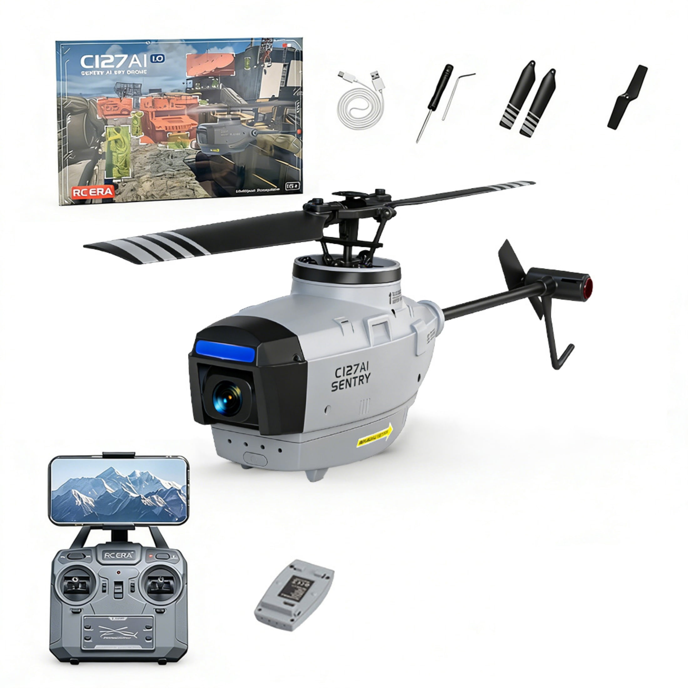 C127AI Remote Control Helicopter, 2.4G 4CH Single-Rotor Brushless RC Helicopter with 1080P Camera, 5G Image Transmission, RTF Scout Drone Helicopters for Adults