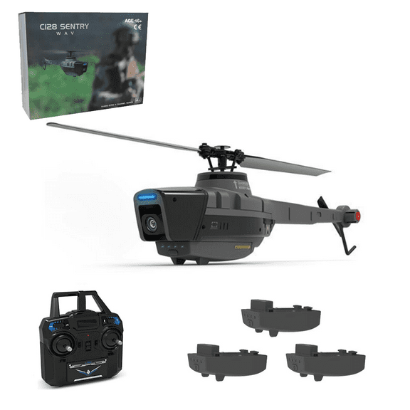C128 2.4G RC 4CH Black Hornet Helicopter with 1080P Camera - Single Rotor Aerial Vehicle, 6-Axis Gyro & Optical Flow Positioning, Ready to Fly Reconnaissance Model - 3 Batteries