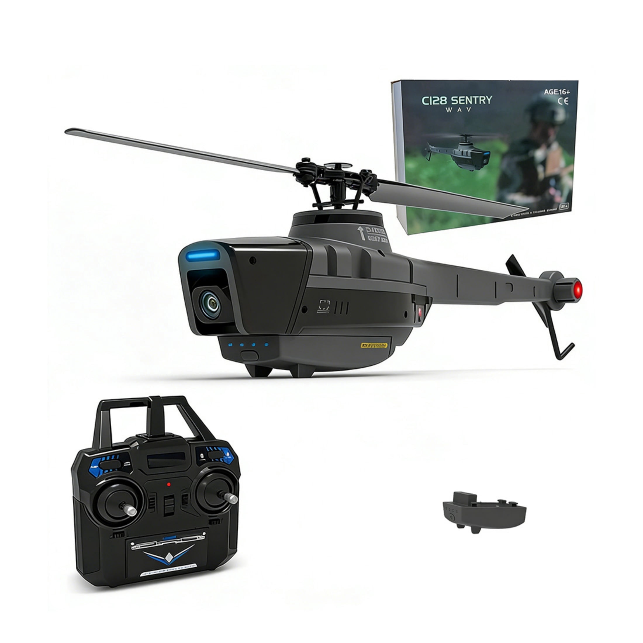 C128 4CH Remote Control Helicopter, 2.4G Single-Rotor Military Reconnaissance Aircraft with 1080P Camera, Optical Flow Positioning, RTF Scout Drone Helicopters for Adults