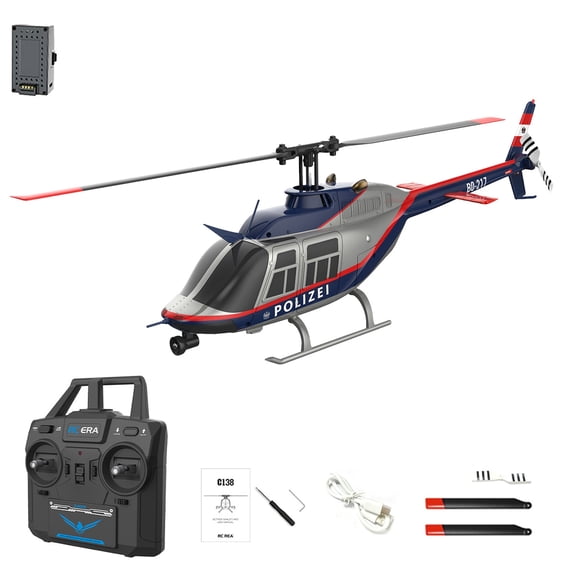 C138 Bell206 Police-Themed RC Helicopter with 6-Axis Gyro, 1/33 Scale 2.4G 6CH Single Rotor Flybarless 3D Flips RC Helicopter with Altitude Hold & Optical Flow Positioning