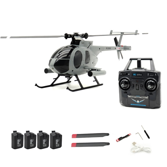 C184 MD500 4CH RC Helicopter, 6-Axis Gyro Stabilized Flybarless Optical Flow Remote Control Helicopter RC Aircraft Outdoor For Adults & Beginners- Grey / 4 Battery