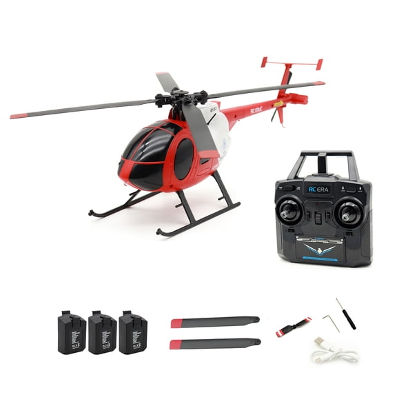 C184 MD500 4CH RC Helicopter, 6-Axis Gyro Stabilized Flybarless Optical Flow Remote Control Helicopter RC Aircraft Outdoor For Adults & Beginners- Red / 3 Battery