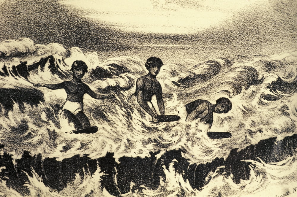 C1840 ArtBook Illustration Sandwich Islanders Playng In The Surf Frances Olmstead Canvas Art - Hawaiian Legacy Archive Design Pics (34 x 22)