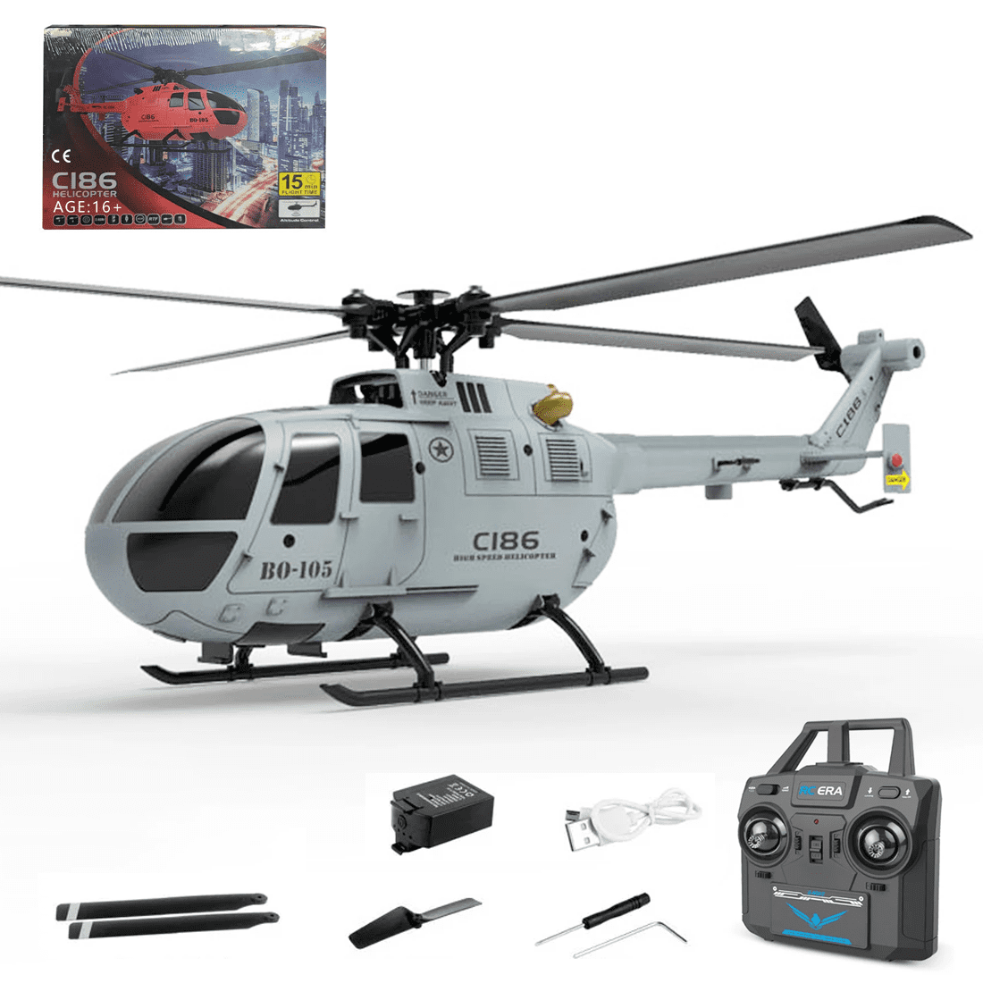 C186 BO105 RC Helicopter 2.4G 4CH Single Rotor 6-Axis Gyro RTF Flying Military Aircraft Model with Altitude Hold Optical Flow/ One-Key Takeoff for Adults & Teens