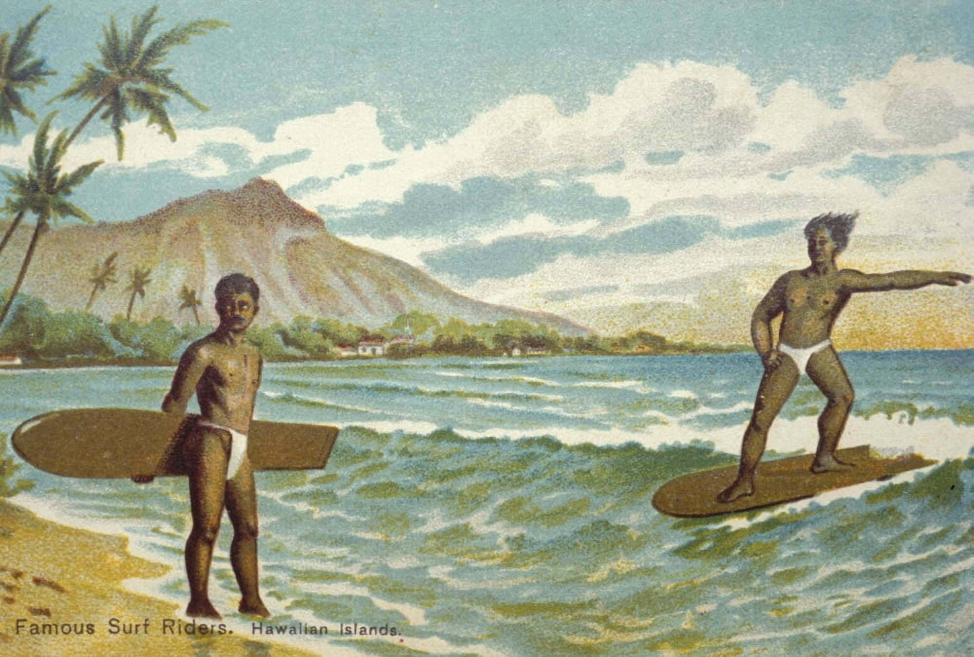 C1905 Hawaii Oahu Waikiki Man On Surfboard Riding Wave With Man On Shore Diamond Head Background Postcard Canvas Art - Hawaiian Legacy Archive Design Pics (17 x 11)