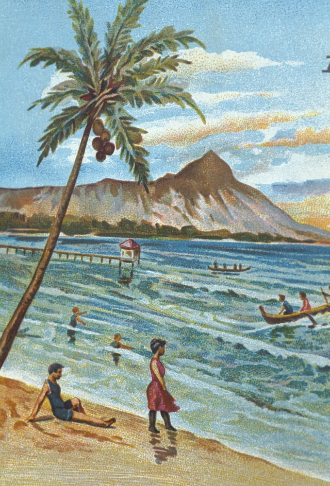 C1905 Hawaii Oahu Waikiki Outrigger Canoes Surfing With People Watching Diamond Head Background Postcard Canvas Art - Hawaiian Legacy Archive Design Pics (11 x 17)