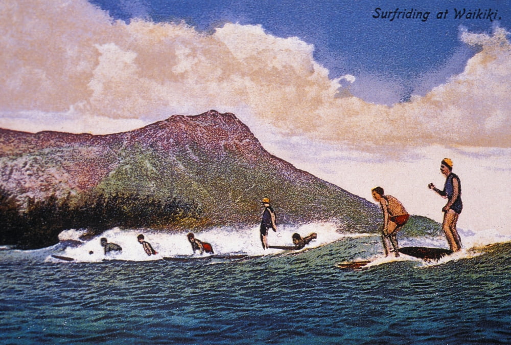 C192030 Hawaii Oahu Art Surfers On Small Wave With Diamond Head In Background Canvas Art - Hawaiian Legacy Archive Design Pics (34 x 22)