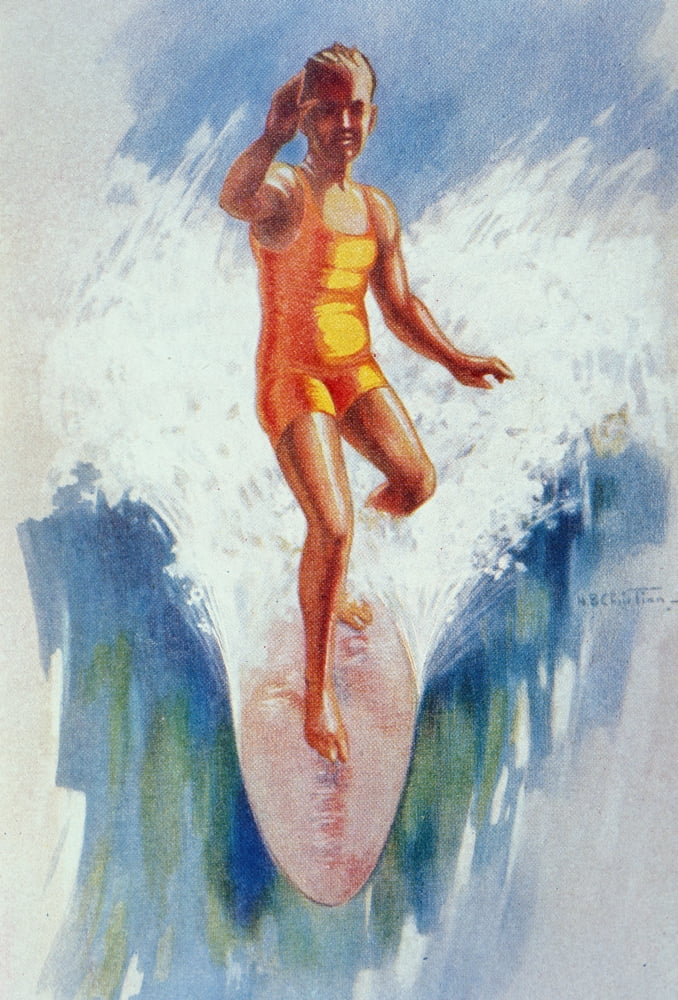C1926 H B Christian Art Front View Of Surfer In Hawaii Catching Wave Arm Up Canvas Art - Hawaiian Legacy Archive Design Pics (22 x 34)
