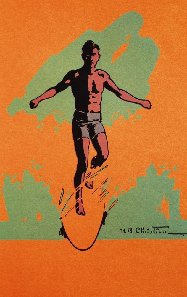 C1926 HB Christian Art Duotone Illustration Of Surfer Catching Wave Canvas Art - Hawaiian Legacy Archive Design Pics (11 x 17)