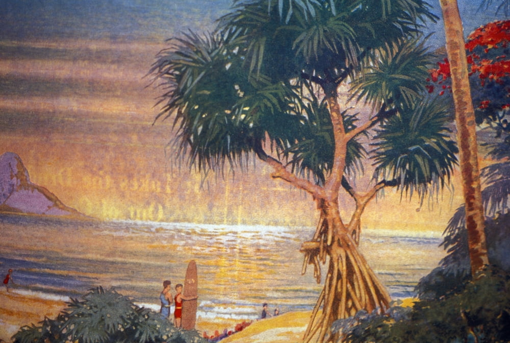 C1929 Hawaii Oahu Art Surfer Looks At View Of Ocean Sunset Canvas Art - Hawaiian Legacy Archive Design Pics (17 x 11)