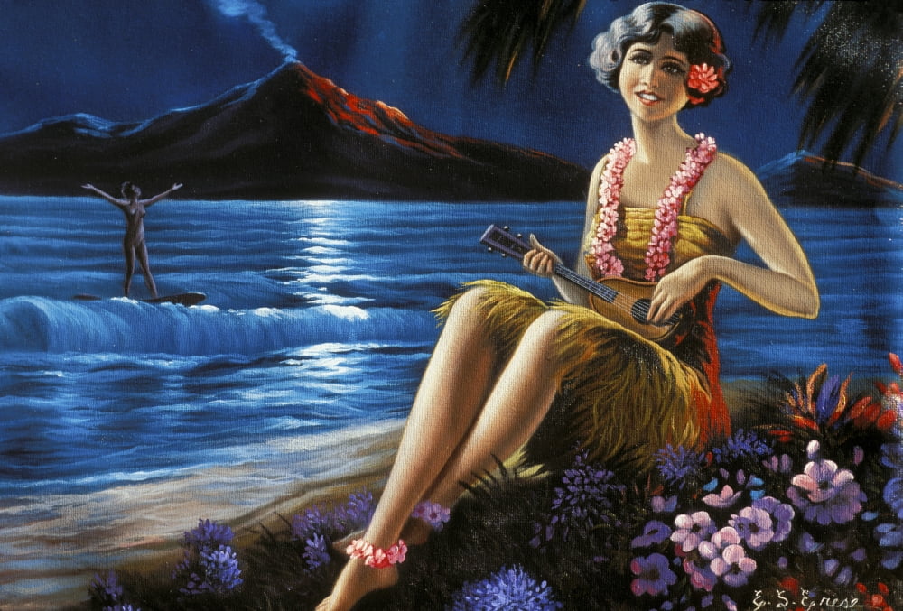 C1930-1940 Hawaii Art Ukulele Girl On Beach Moonlit Surfer Volcano Background Canvas Art - Hawaiian Legacy Archive Design Pics (34 x 22)