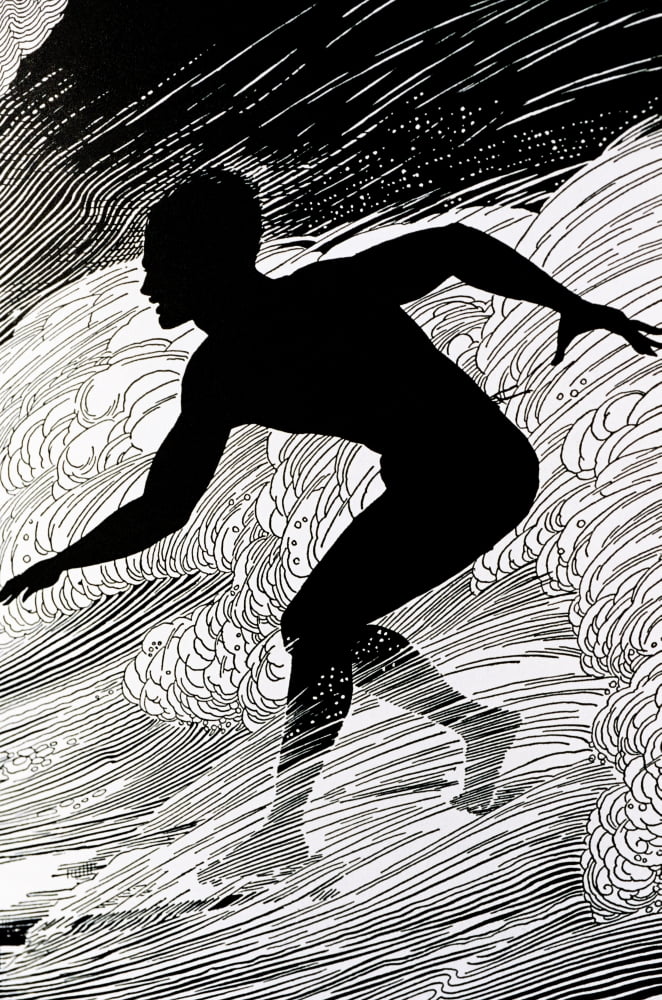 C1930 Don Blanding Art Surfer Figure Of A Man Surfing A Wave (Pen And Ink Drawing) Canvas Art - Hawaiian Legacy Archive Design Pics (11 x 17)