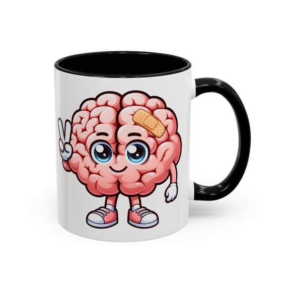 C1Artoon Brain with Bandage Peace Sign Mug M1ental Health Get Well Gift, Neuroscience Coffee Cup for Therapis, Nurses, F11RIENDS port