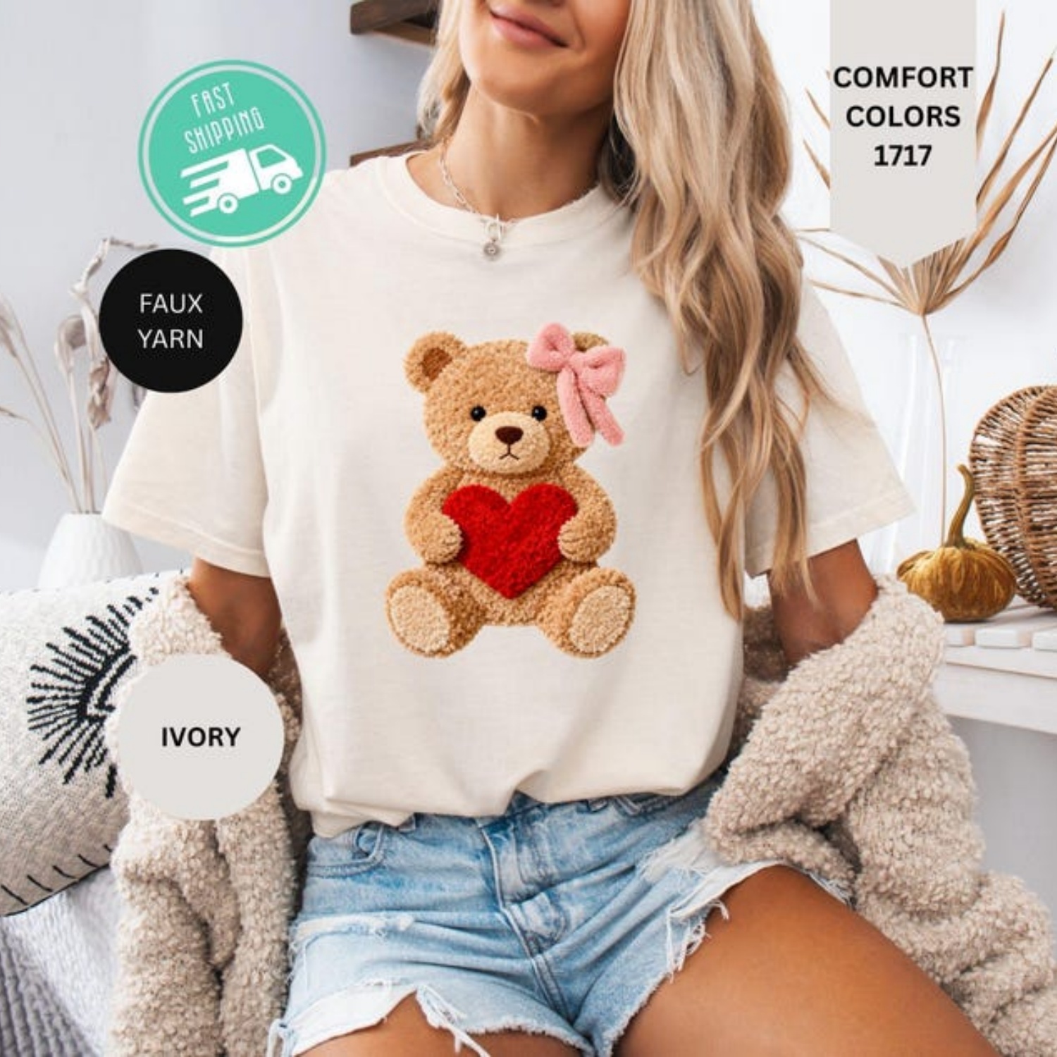 C1omfort Colors® Faux Yarn VaL1entines Day Teddy Bear Shirt, Love ...