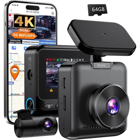 C2 4K Dual Dash Cam Front and Rear - Built-in GPS and 5G WiFi, 64GB Card Included, 4K UHD Dash Camera for , Night Vision, WDR, Loop Recording, App Control, 24H Parking Mode