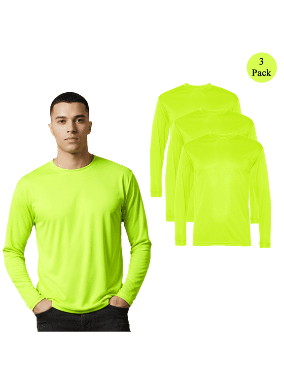 Men's High Performance Long Sleeve T-Shirt, High Visibility Workwear Safety Yellow Tee, 3-Pack, XL