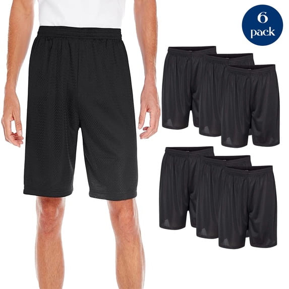 C2 Sport Men's Shorts, Athletic Workout Gym Activewear Black Mesh Basketball Shorts, 6 Pack, XL