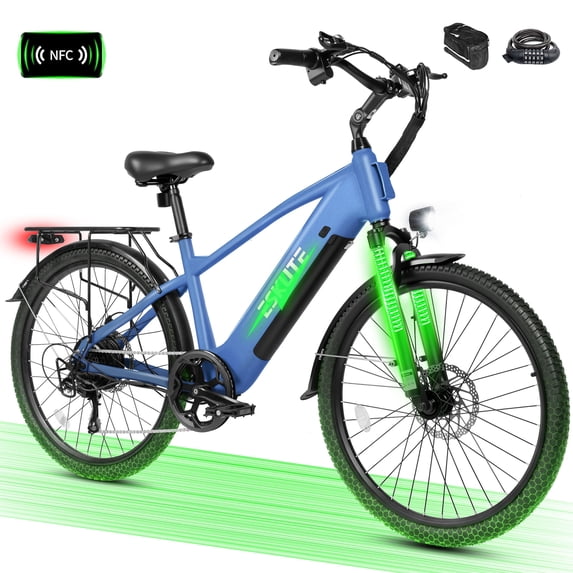 ESKUTE C200 70-Mile Electric Bike for Adults with 840Wh Removable Battery, 500W Peak Power Ebike, Up to 20MPH Speed, 26" Tires, 7-Speed Step-Over E-Bicycle,Blue with Phonebag & Lock, UL2849 Class 2
