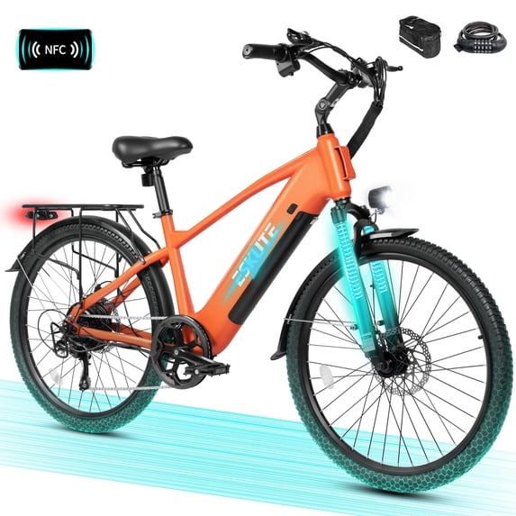 ESKUTE C200 70-Mile Electric Bike for Adults with 840Wh Removable Battery, 500W Peak Power Ebike, Up to 20MPH Speed, 26" Tires, 7-Speed Step-Over E-Bicycle,Orange with Phonebag & Lock, UL2849 Class 2