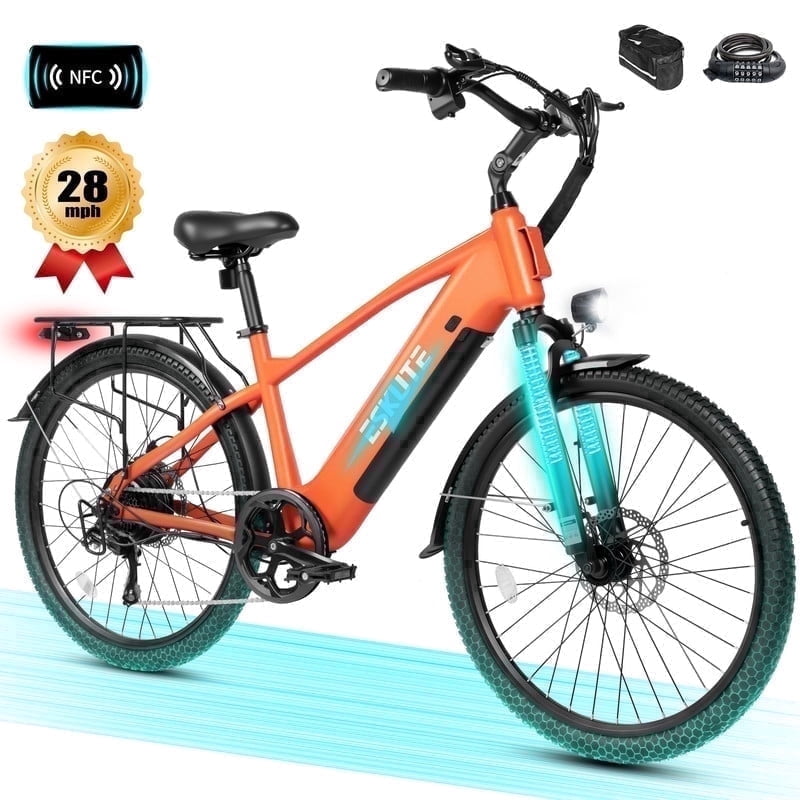 ESKUTE C200 70-Mile Electric Bike for Adults with 840Wh Removable Battery, 1300W Peak Power Ebike, Up to 28MPH Speed, 26" Tires, 7-Speed Step-Over E-Bicycle,Orange with Phonebag & Lock, UL2849