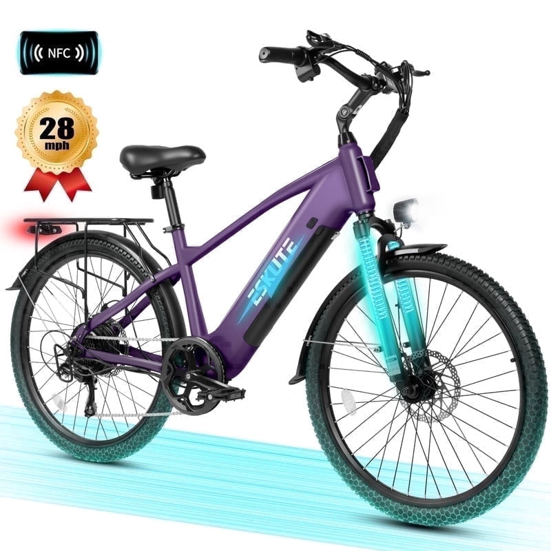 ESKUTE C200 70-Mile Electric Bike for Adults with 840Wh Removable Battery, 1300W Peak Power Ebike, Up to 28MPH Speed, 26" Tires, 7-Speed Adjustable Stem Step-Over E-Bicycle,Purple, UL2849