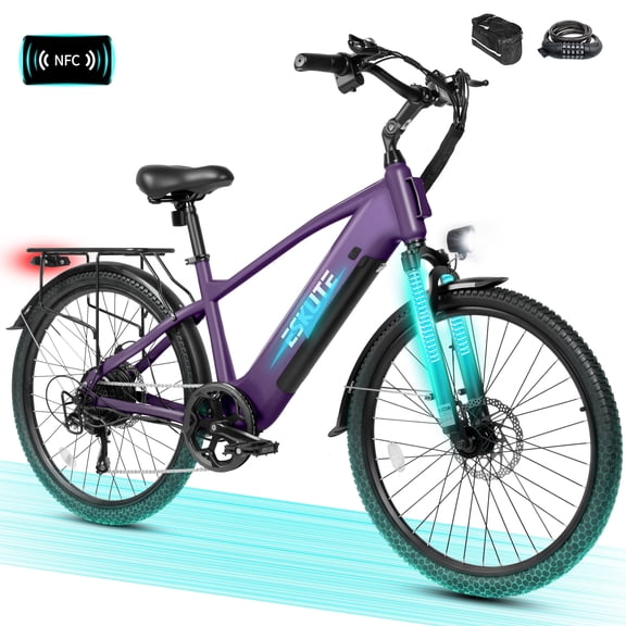 ESKUTE C200 70-Mile Electric Bike for Adults with 840Wh Removable Battery, 500W Peak Power Ebike, Up to 20MPH Speed, 26" Tires, 7-Speed Step-Over E-Bicycle,Purple with Phonebag & Lock, UL2849 Class 2