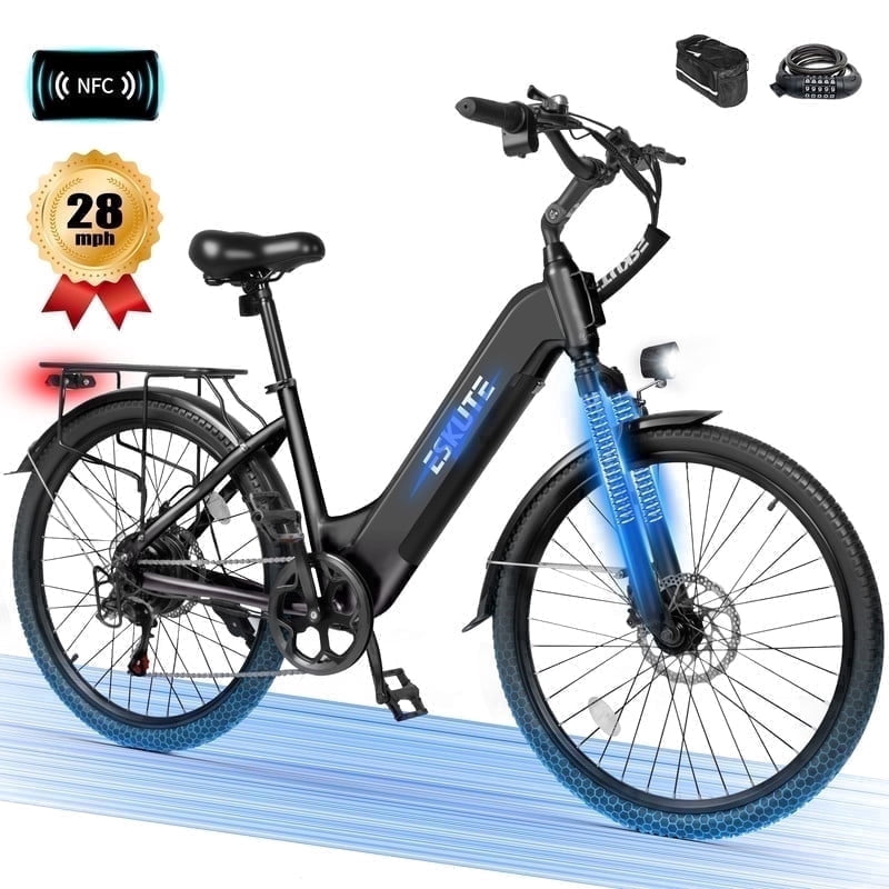ESKUTE C200 Electric Bike for Adults, 1300W Peak Power Ebike, 28MPH Step-Thru E-Bicycle with 840Wh Removable Battery, Up to 70 Miles, 26" Tires, 7 Speed ,Black with Phonebag & Lock, UL2849