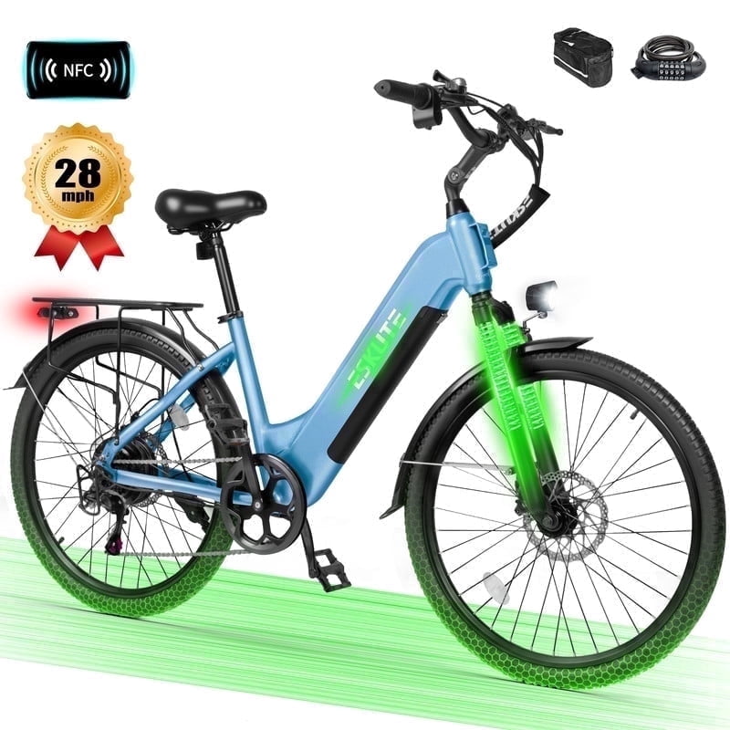 ESKUTE C200 Electric Bike for Adults, 1300W Peak Power Ebike, 28MPH Step-Thru E-Bicycle with 840Wh Removable Battery, Up to 70 Miles, 26" Tires, 7 Speed ,Blue with Phonebag & Lock, UL2849