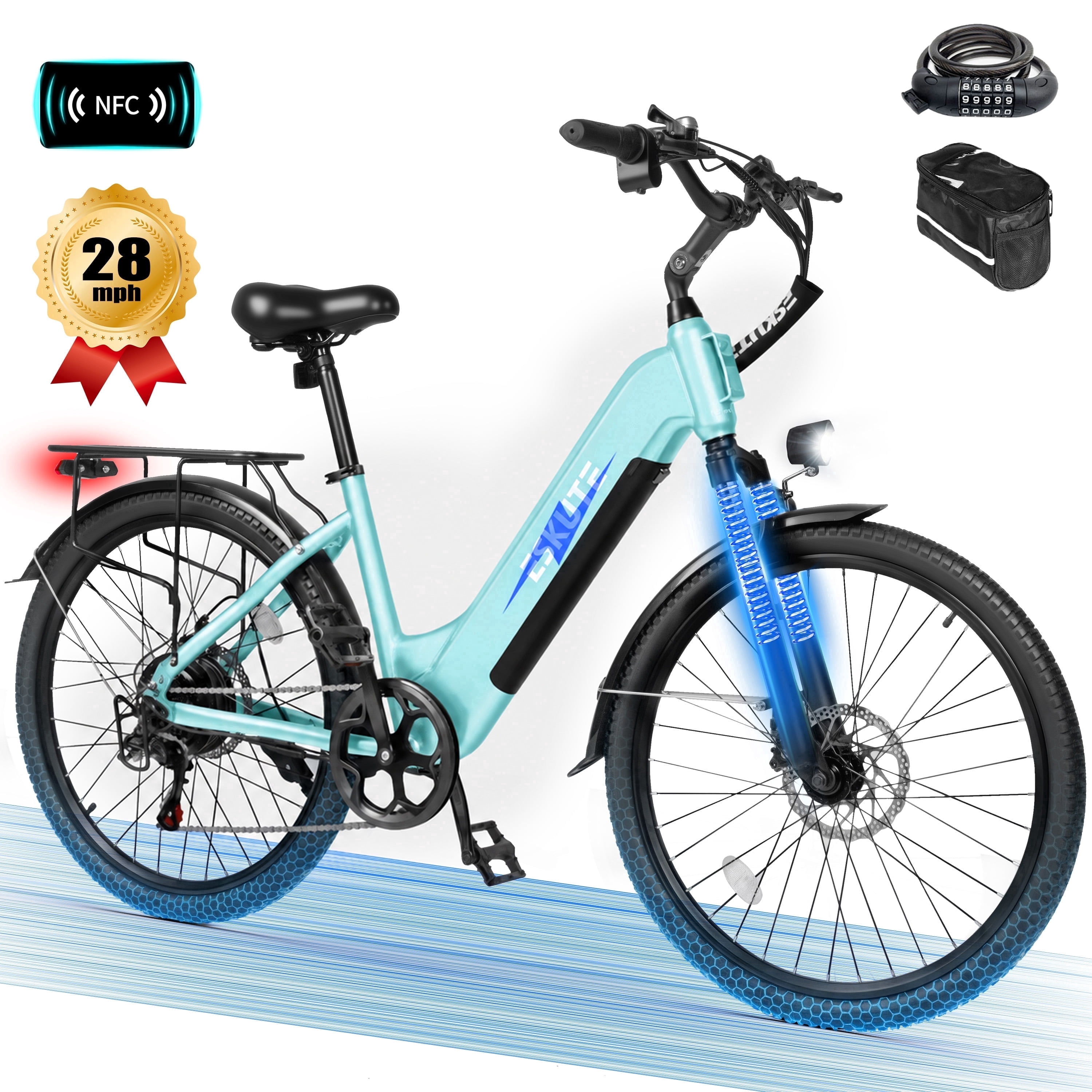 ESKUTE C200 Electric Bike for Adults, 1300W Peak Power Ebike, 28MPH Step-Thru E-Bicycle with 840Wh Removable Battery, Up to 70 Miles, 26" Tires, 7 Speed ,Green with Phonebag & Lock, UL2849