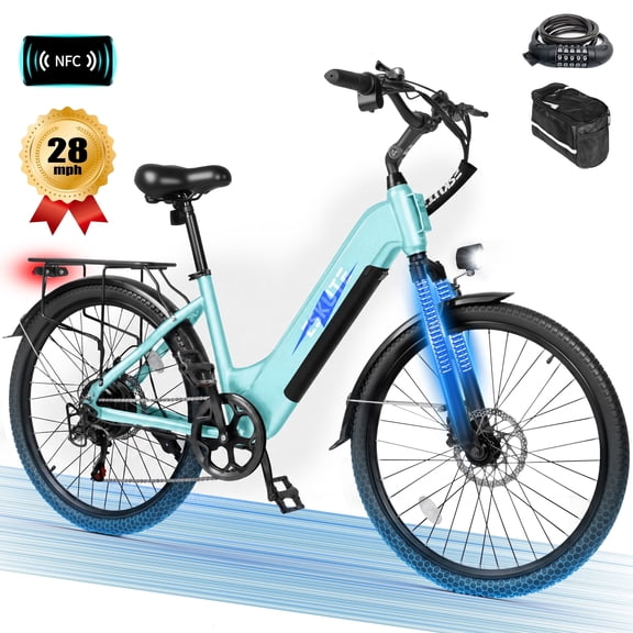 ESKUTE C200 Electric Bike for Adults, 1300W Peak Power Ebike, 28MPH Step-Thru E-Bicycle with 840Wh Removable Battery, Up to 70 Miles, 26" Tires, 7 Speed ,Green with Phonebag & Lock, UL2849