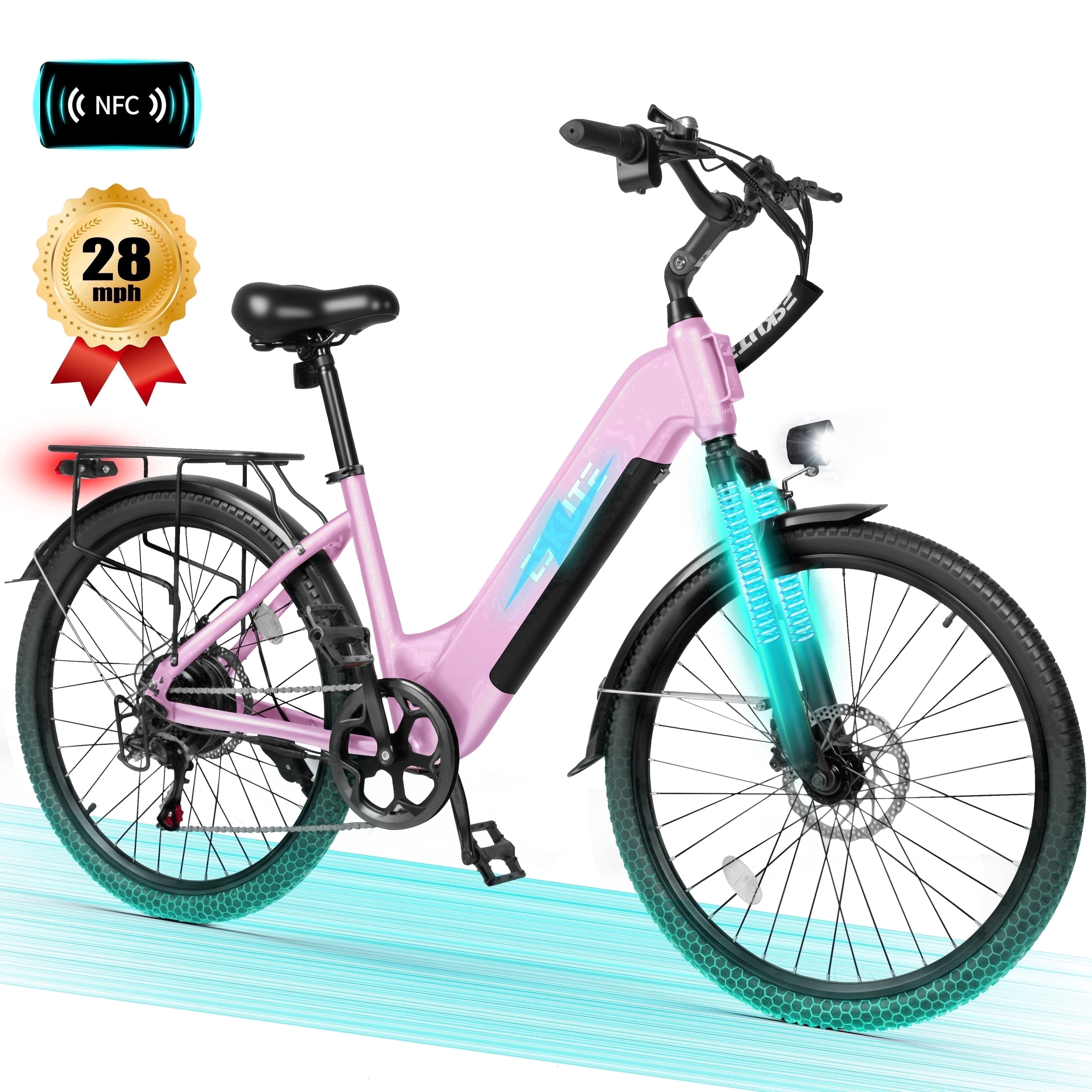 ESKUTE C200 Electric Bike for Adults, 1300W Peak Power Ebike, 28MPH Step-Thru E-Bicycle with 840Wh Removable Battery, Up to 70 Miles, 26" Tires, 7 Speed Adjustable Stem,Pink, UL2849